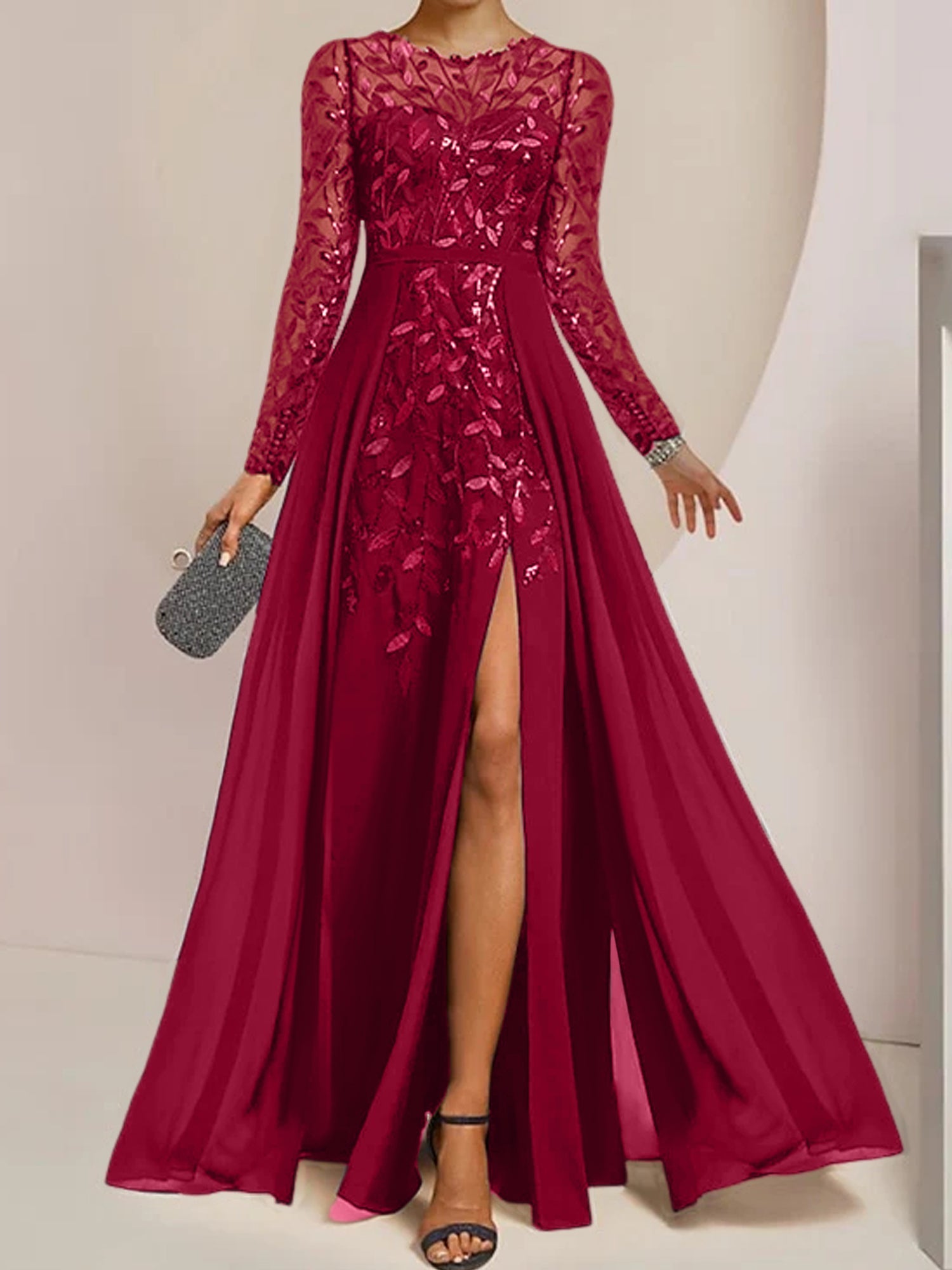 Vestidos de madre de la novia en línea A/princesa con escote redondo, largo hasta el suelo, abertura lateral, volantes y lentejuelas