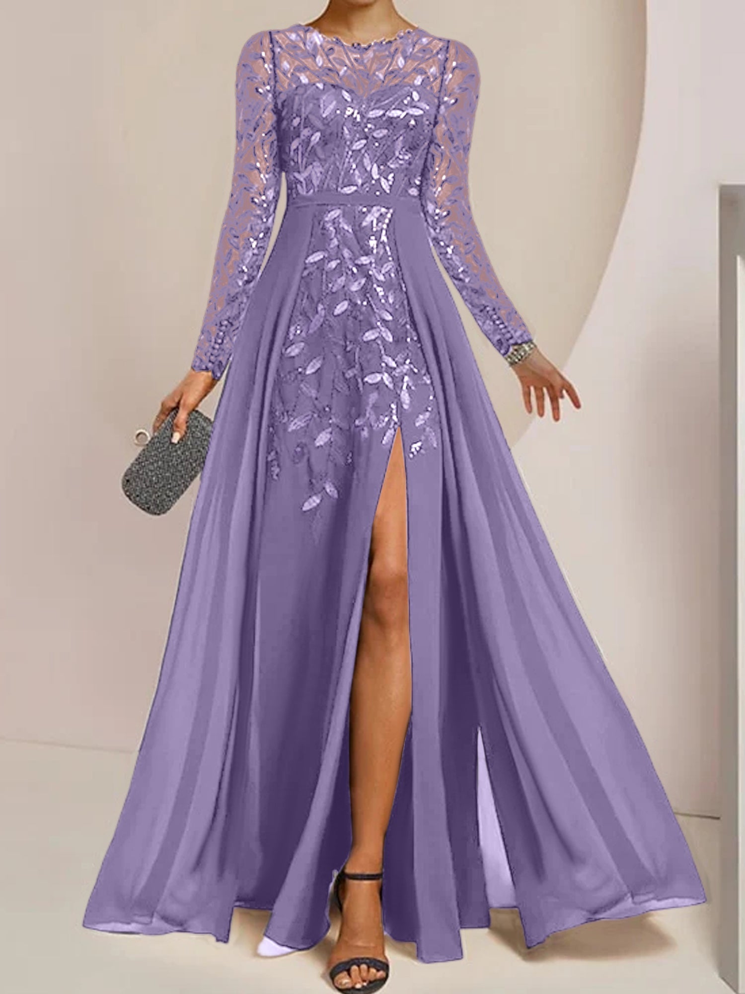 Vestidos de madre de la novia en línea A/princesa con escote redondo, largo hasta el suelo, abertura lateral, volantes y lentejuelas