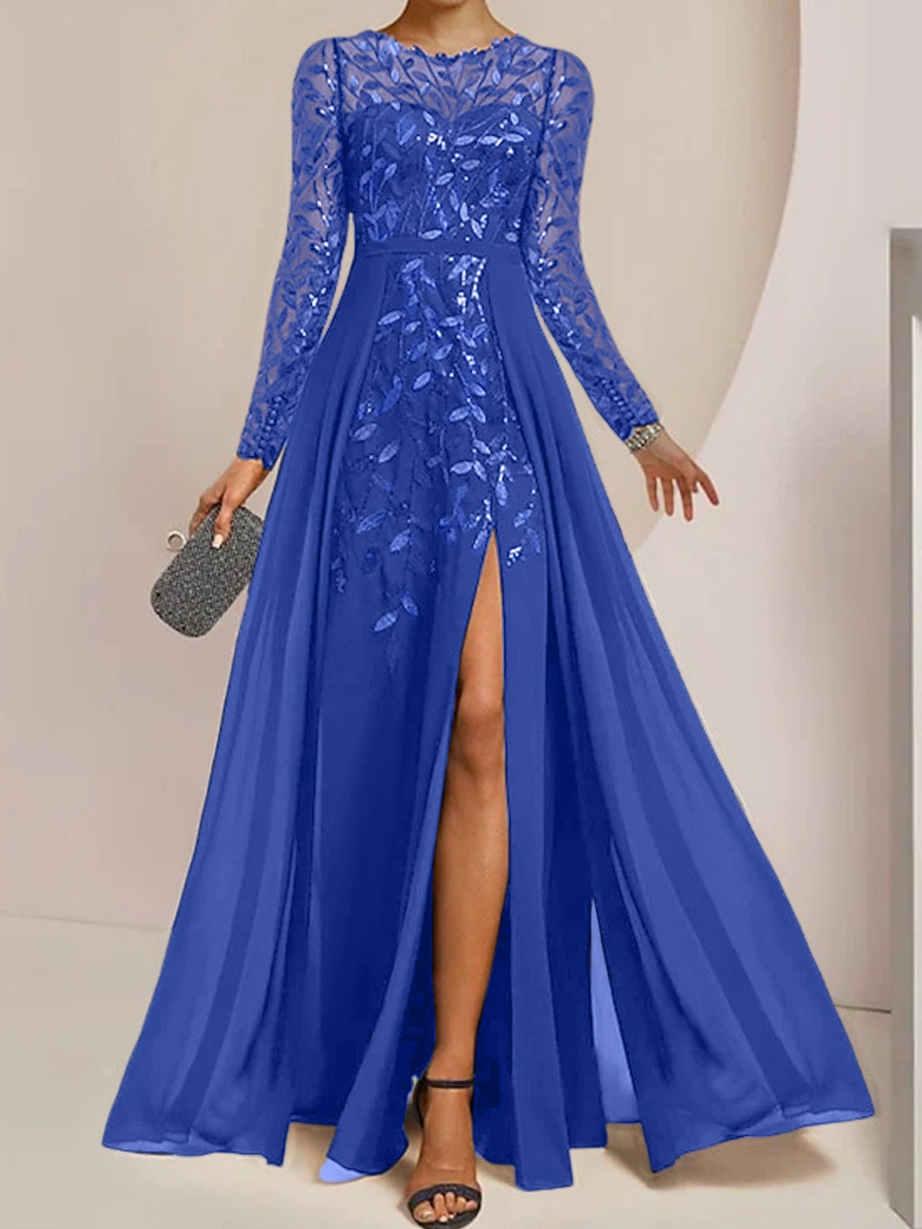 Vestidos de madre de la novia en línea A/princesa con escote redondo, largo hasta el suelo, abertura lateral, volantes y lentejuelas