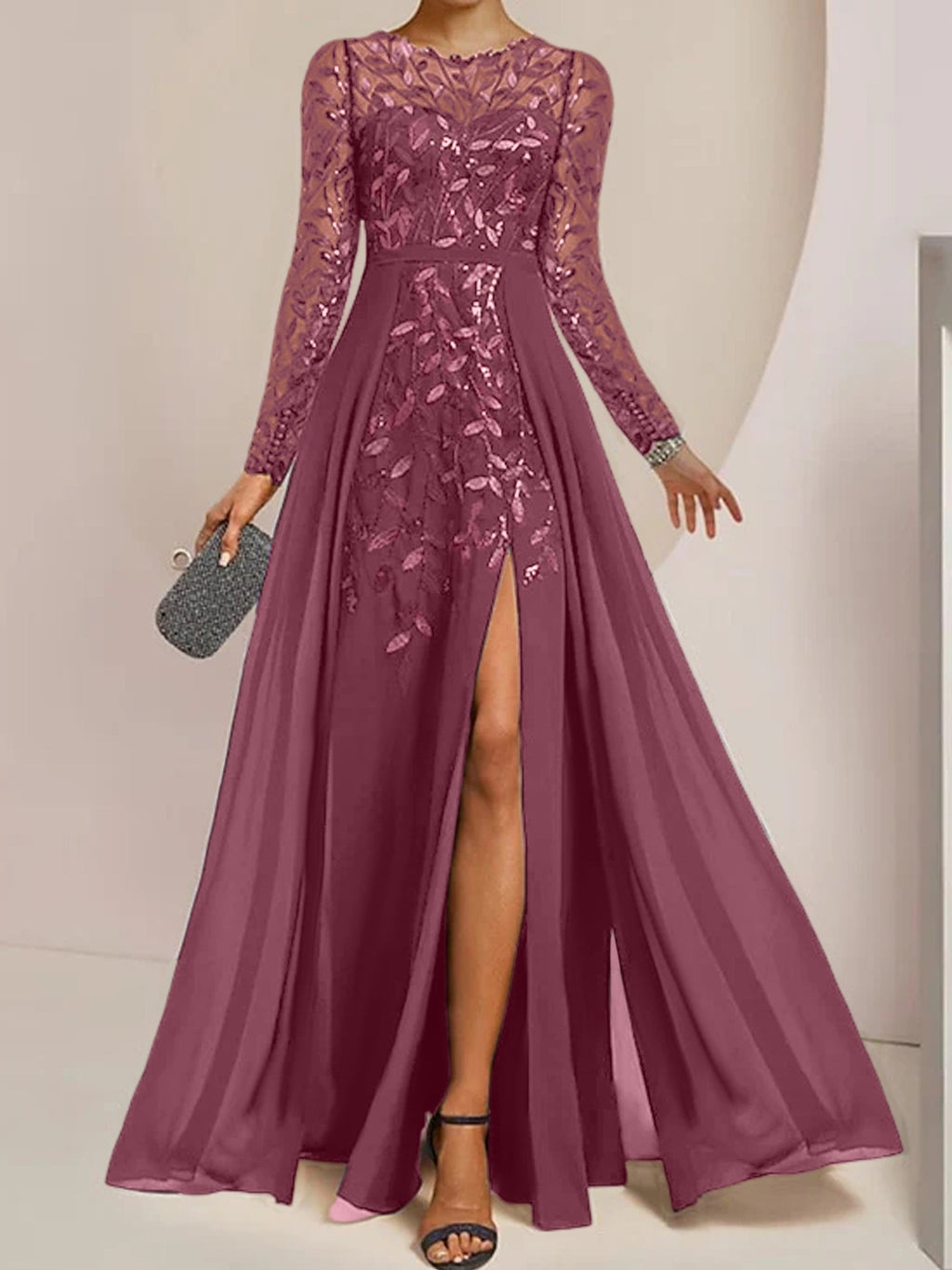 Vestidos de madre de la novia en línea A/princesa con escote redondo, largo hasta el suelo, abertura lateral, volantes y lentejuelas