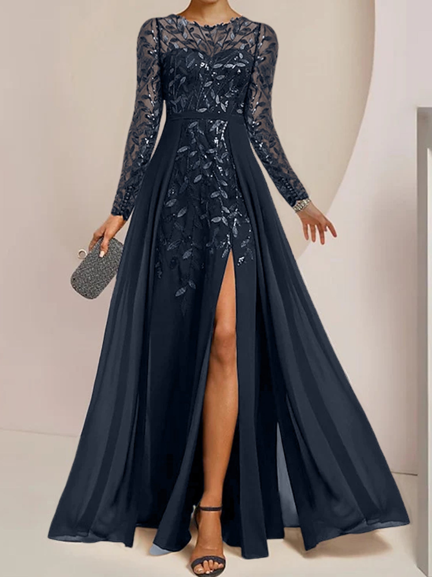 Vestidos de madre de la novia en línea A/princesa con escote redondo, largo hasta el suelo, abertura lateral, volantes y lentejuelas