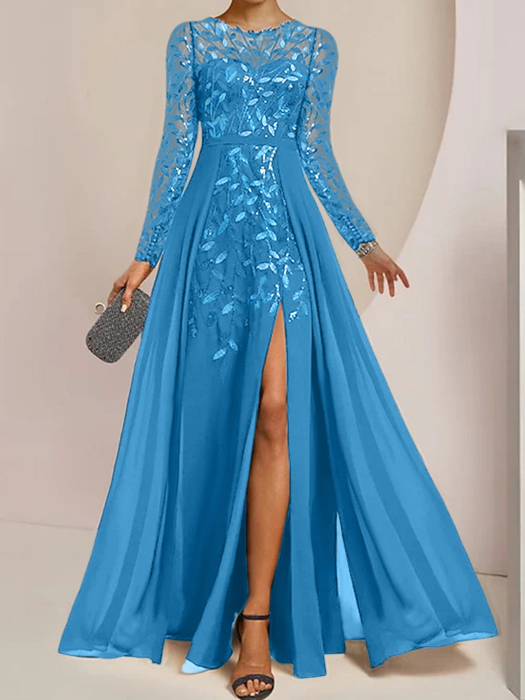 Vestidos de madre de la novia en línea A/princesa con escote redondo, largo hasta el suelo, abertura lateral, volantes y lentejuelas