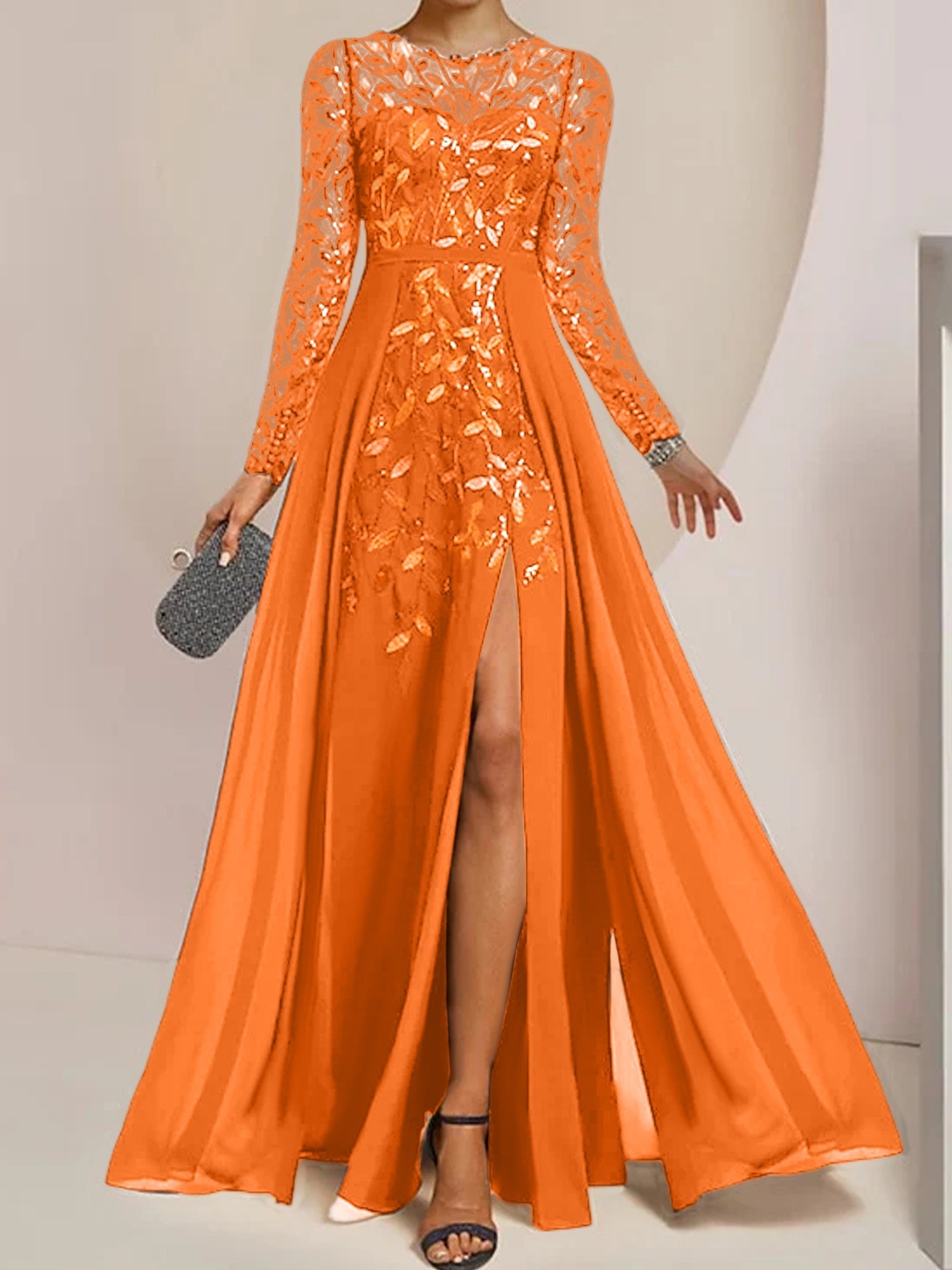 Vestidos de madre de la novia en línea A/princesa con escote redondo, largo hasta el suelo, abertura lateral, volantes y lentejuelas