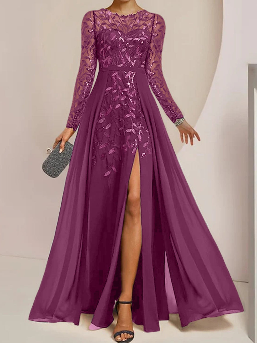 Vestidos de madre de la novia en línea A/princesa con escote redondo, largo hasta el suelo, abertura lateral, volantes y lentejuelas