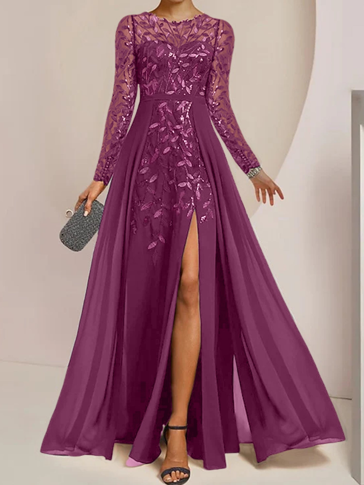 Vestidos de madre de la novia en línea A/princesa con escote redondo, largo hasta el suelo, abertura lateral, volantes y lentejuelas