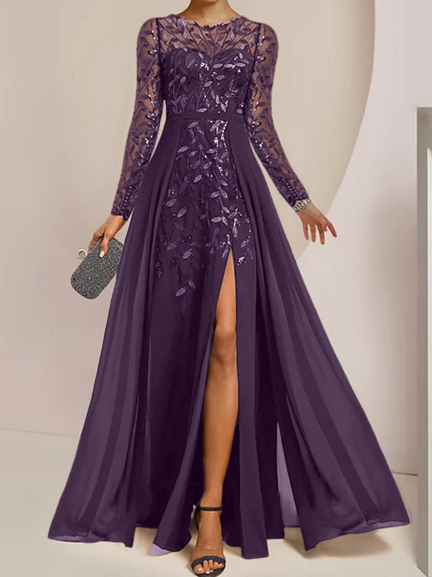 Vestidos de madre de la novia en línea A/princesa con escote redondo, largo hasta el suelo, abertura lateral, volantes y lentejuelas