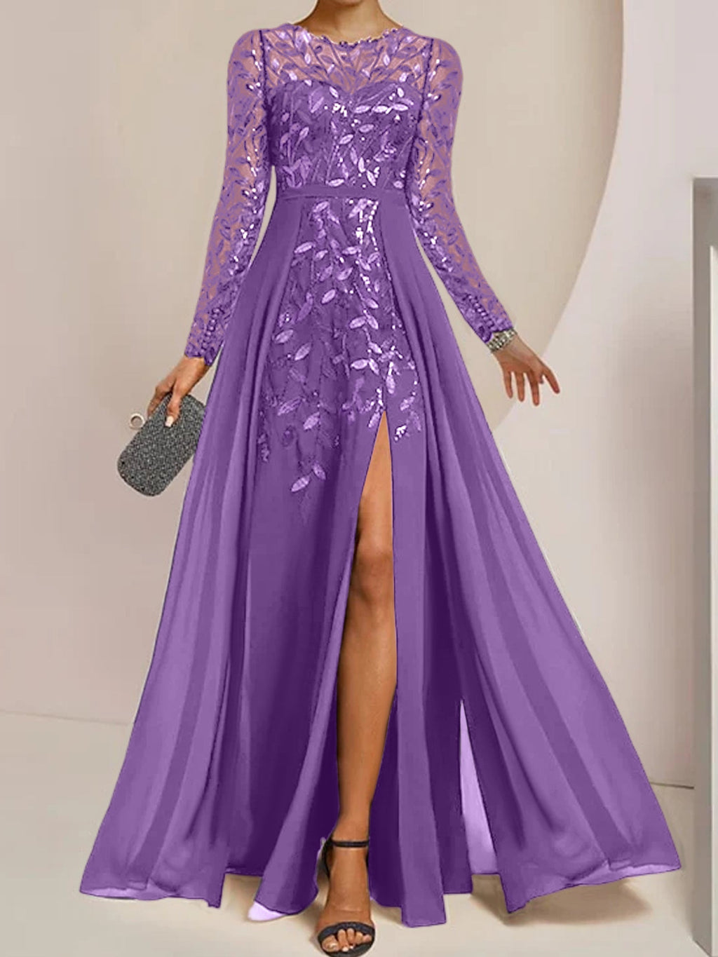 Vestidos de madre de la novia en línea A/princesa con escote redondo, largo hasta el suelo, abertura lateral, volantes y lentejuelas