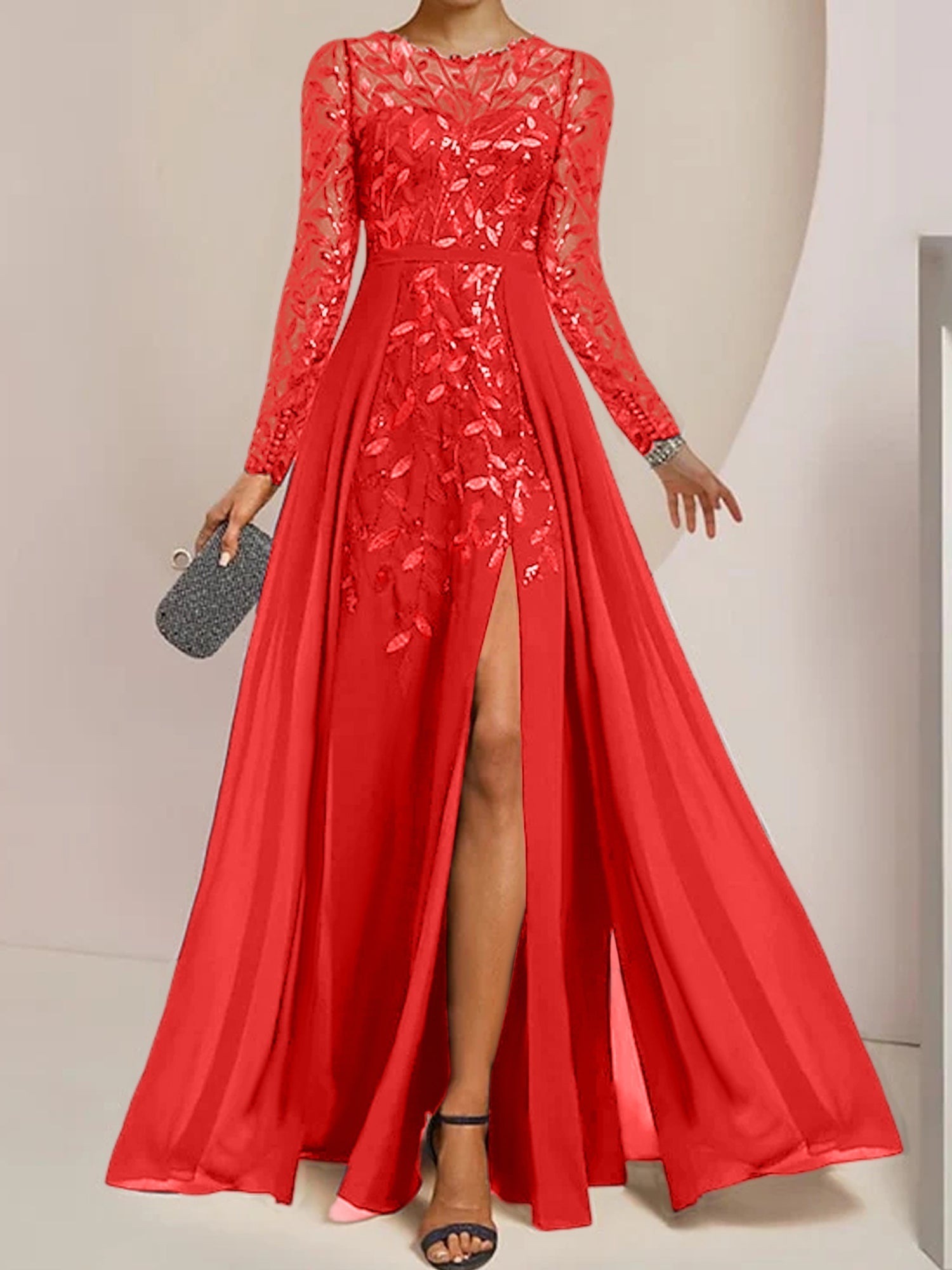 A-Linien/Prinzessinnen-Bodenlanges Kleid für die Mutter der Braut mit Ausschnitt, seitlichem Schlitz, Rüschen und Pailletten