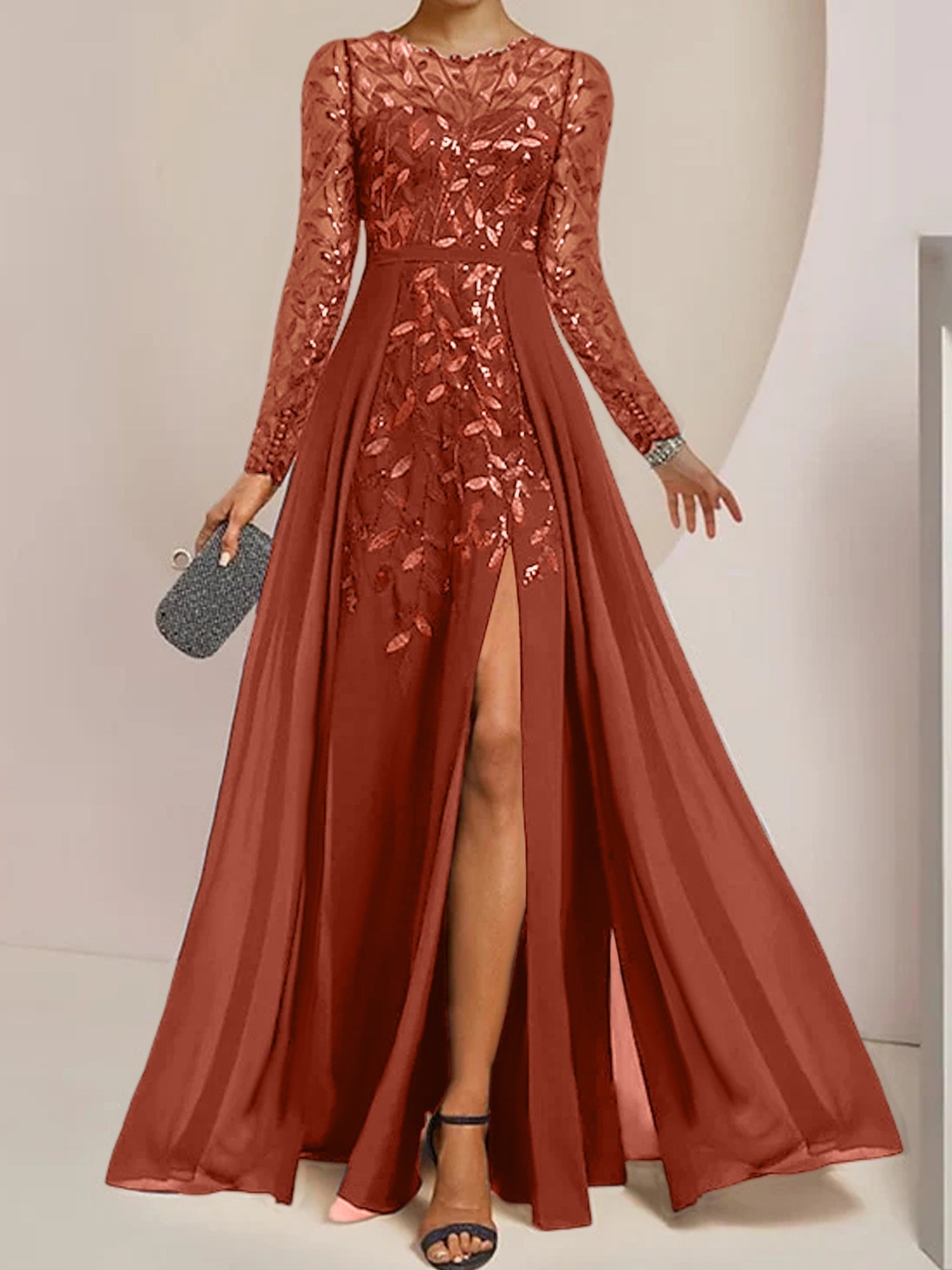 Vestidos de madre de la novia en línea A/princesa con escote redondo, largo hasta el suelo, abertura lateral, volantes y lentejuelas