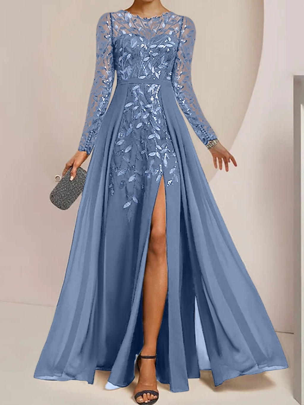 Vestidos de madre de la novia en línea A/princesa con escote redondo, largo hasta el suelo, abertura lateral, volantes y lentejuelas