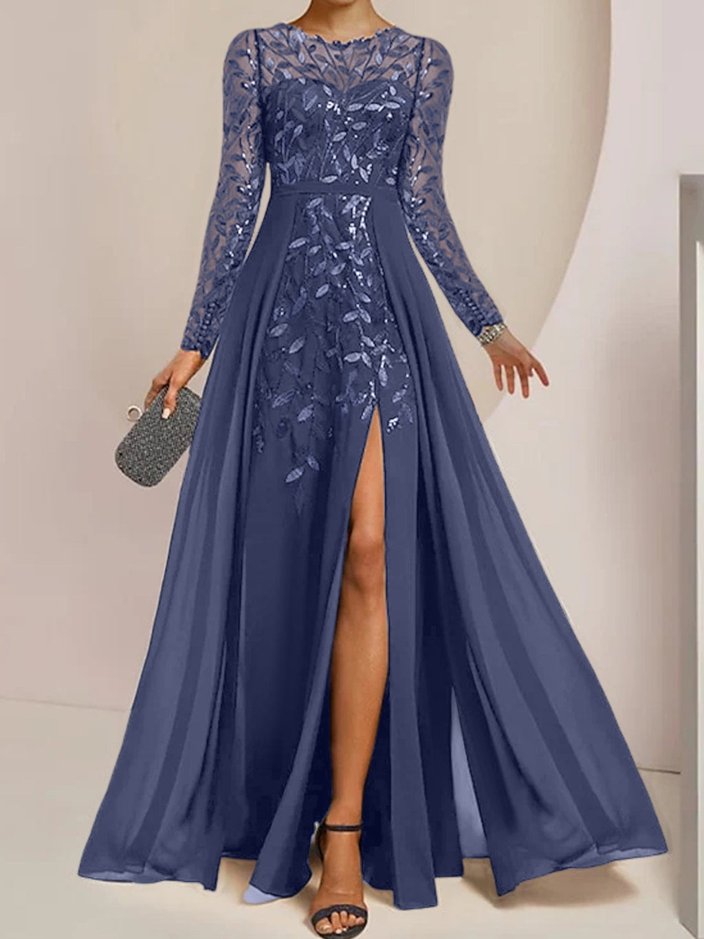 Vestidos de madre de la novia en línea A/princesa con escote redondo, largo hasta el suelo, abertura lateral, volantes y lentejuelas
