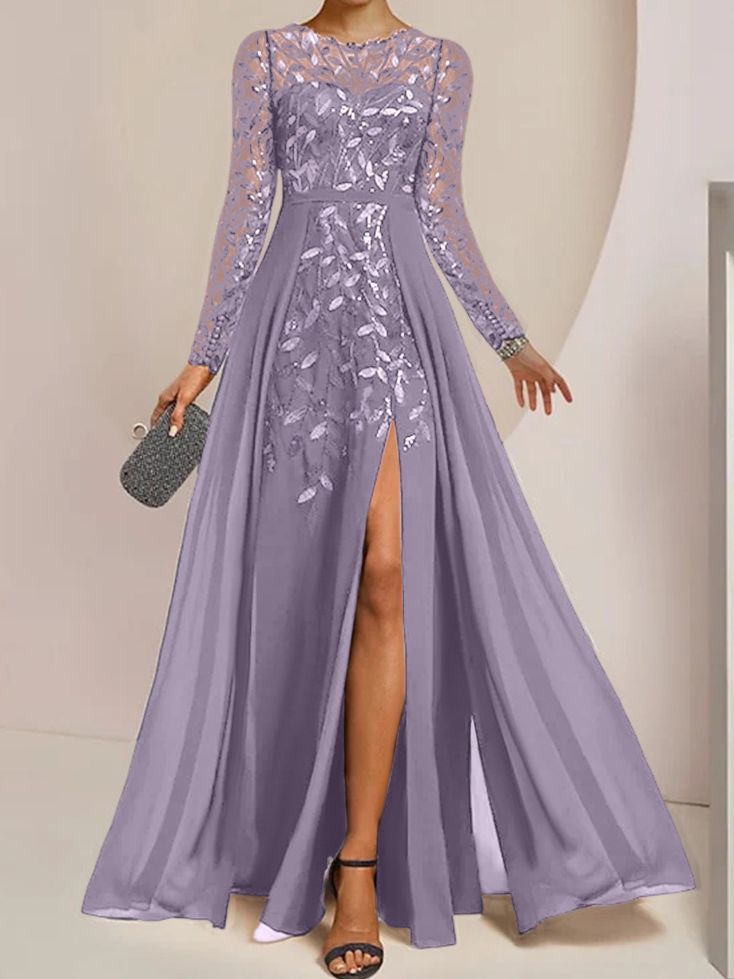 Vestidos de madre de la novia en línea A/princesa con escote redondo, largo hasta el suelo, abertura lateral, volantes y lentejuelas
