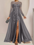 Vestidos de madre de la novia en línea A/princesa con escote redondo, largo hasta el suelo, abertura lateral, volantes y lentejuelas