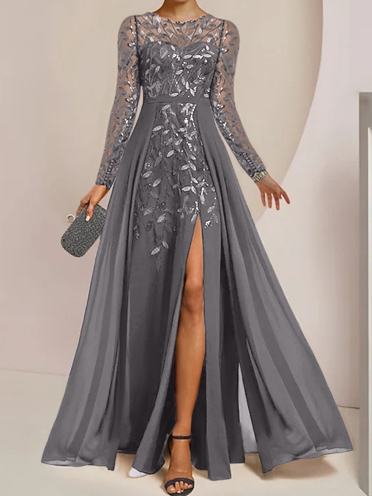 Vestidos de madre de la novia en línea A/princesa con escote redondo, largo hasta el suelo, abertura lateral, volantes y lentejuelas
