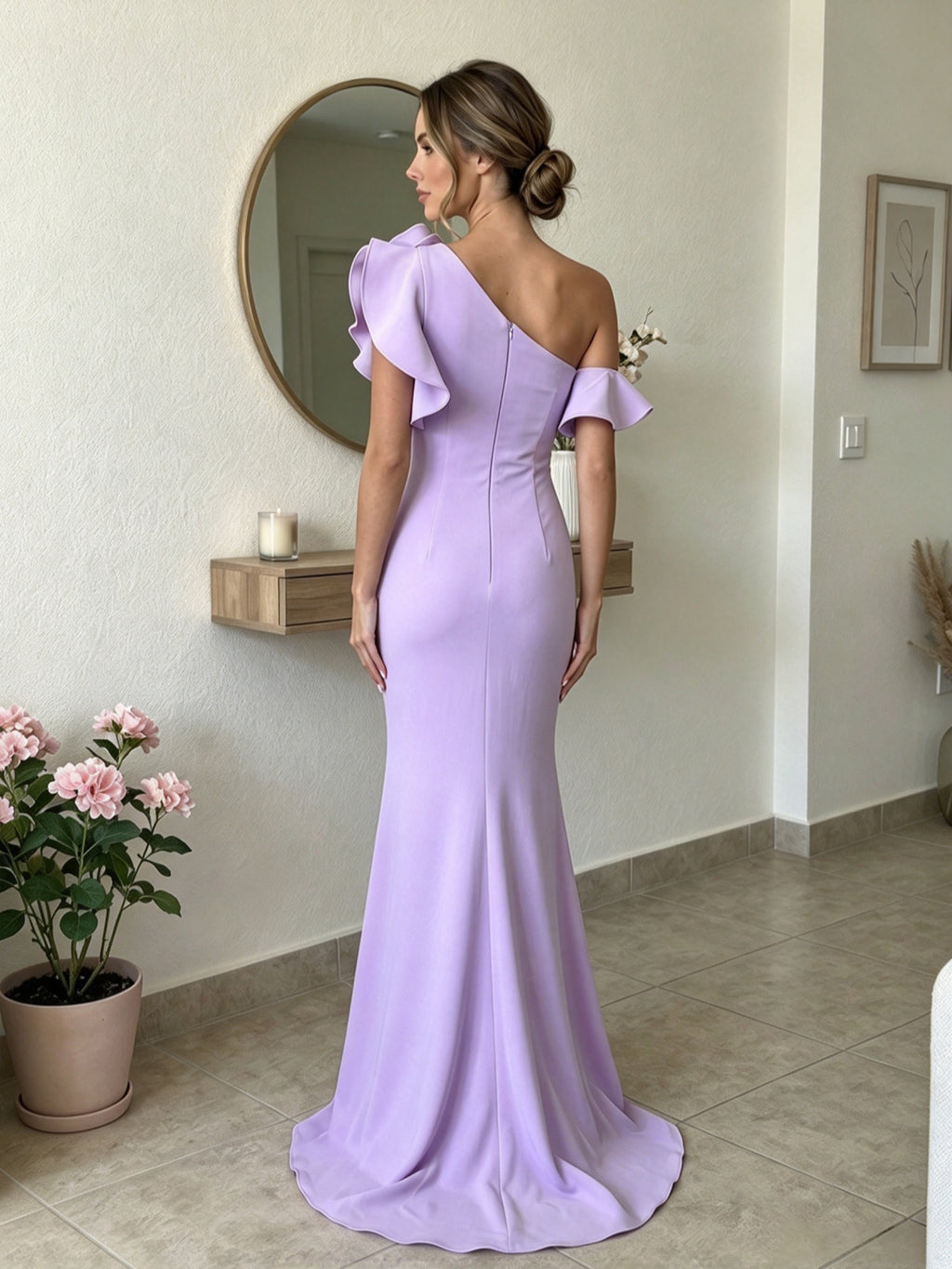 One-Shoulder Ruffled Rosette Lavender Column Evening Dress