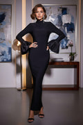 Long Sleeve High Neck Fitted Gown with Dramatic Satin Ruffle Cuffs