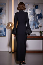 Long Sleeve High Neck Fitted Gown with Dramatic Satin Ruffle Cuffs
