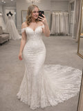 Lace Mermaid Off-the-Shoulder Romantic Wedding Dress With Chapel Train