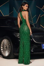Vestido largo halter con cuello alto y cristales geométricos en forma de diamante