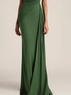 Formal Evening Dress Green One-Shoulder Ruched Floor-Length Dress