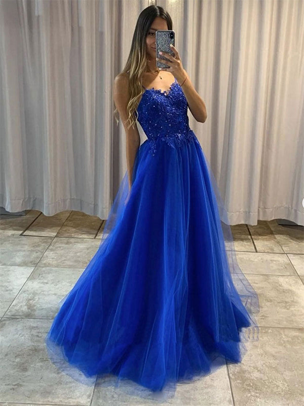 Robe de bal longue en tulle bleu à bretelles spaghetti, coupe A avec appliques