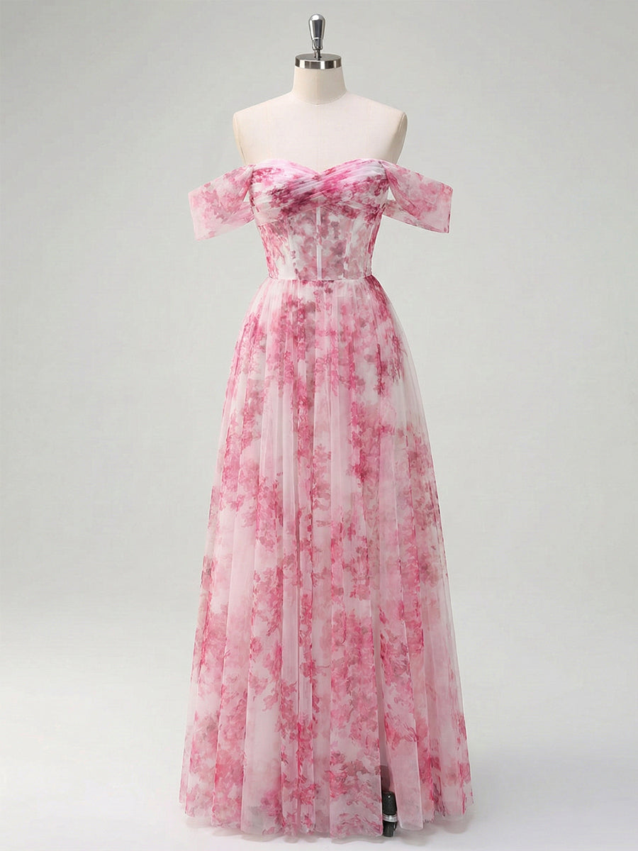 Rosa Blumen Schulterfreies Korsett A-Linien Lang Ballkleid