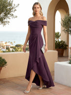 Off the Shoulder Pleat Satin High Low Mermaid Evening Dresses for Women