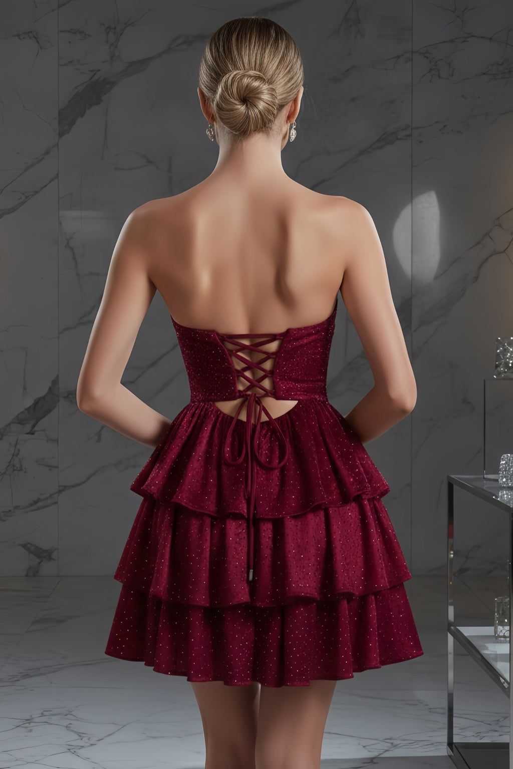 Strapless Tiered Mini Dress with Front Cutout and Lace-Up Back