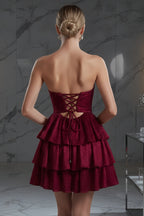 Strapless Tiered Mini Dress with Front Cutout and Lace-Up Back