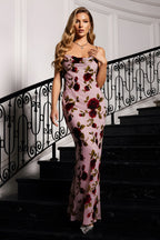 Cowl Neck Floral Print Maxi Dress with Lace-Up Back Detail