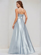 Ice Blue Satin A Line Spaghetti Straps Sleeveless Floor Length Bridesmaid Dress With Bow