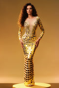 Long Sleeve Mesh Patchwork Mirror Embellished Maxi Party Dress