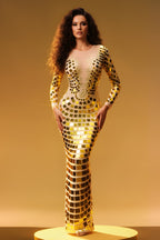 Long Sleeve Mesh Patchwork Mirror Embellished Maxi Party Dress