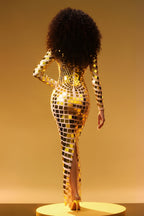 Long Sleeve Mesh Patchwork Mirror Embellished Maxi Party Dress