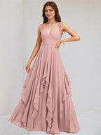 A Line Pink Chiffon Spaghetti Straps Sleeveless Floor Length Dress With Ruffles