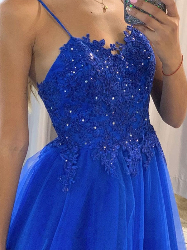 Robe de bal longue en tulle bleu à bretelles spaghetti, coupe A avec appliques