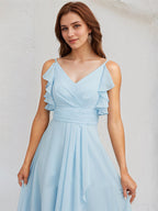 Sky Blue Chiffon A Line V Neck Sleeveless Asymmetrical Bridesmaid Dress