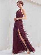 Mulberry A-Line Halter Floor-Length Chiffon Bridesmaid Dress