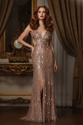 Sequined Embellished Evening Gown with Slit and V-Neckline