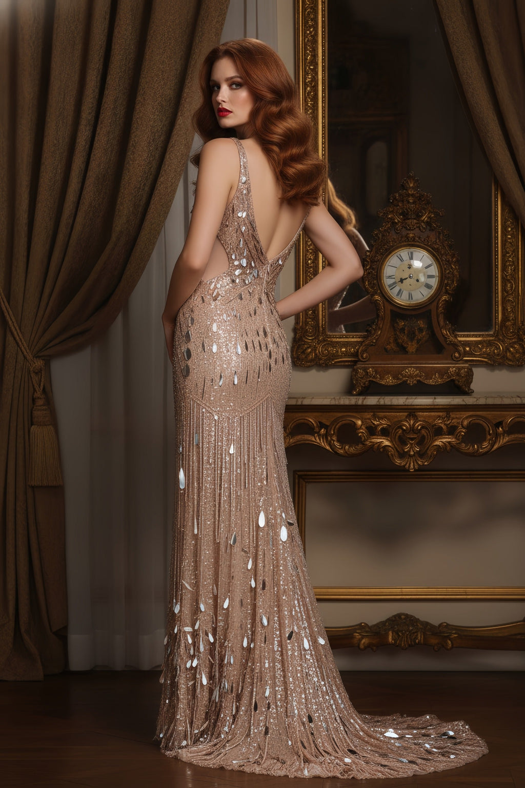 Sequined Embellished Evening Gown with Slit and V-Neckline