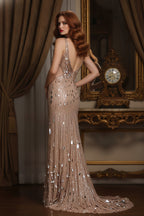 Sequined Embellished Evening Gown with Slit and V-Neckline