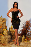 Strapless Fitted Mini Dress with Asymmetric Feather