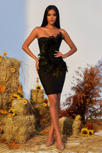 Strapless Fitted Mini Dress with Asymmetric Feather