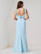 Abito lungo azzurro in chiffon con scollo quadrato, senza maniche e spacco alto