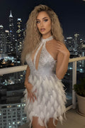 Dazzling Halter Neck Sequin Mini Dress with Feather