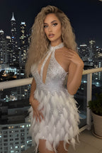 Dazzling Halter Neck Sequin Mini Dress with Feather