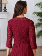 Abito da madre della sposa in chiffon con pizzo, linea A e scollo quadrato