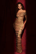 Off-the-Shoulder Sequined Sheer Floor Length Evening Gown