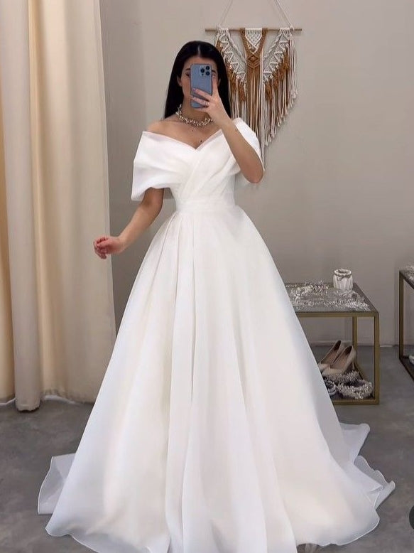 Elegant Off Shoulder Cross V Neck Fitted Waist A-Line Bridal Dress