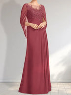 Vestido longo para mãe da noiva em linha A com decote redondo, ilusão, renda e chiffon com paetês plissados